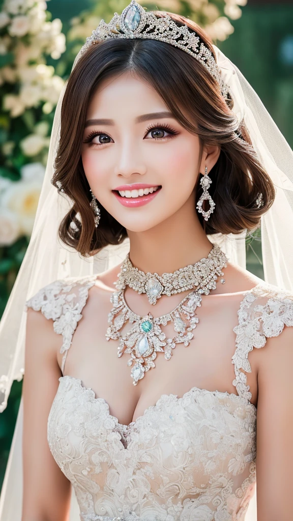 (Highest quality、Tabletop、8K、Best image quality、Award-winning works)、One beautiful bride、(alone:1.1)、(The most extravagant and gorgeous huge wedding dresses:1.1)、(Perfect Wedding Lace:1.2)、(The most extravagant and luxurious giant tiara:1.1)、(The most extravagant and luxurious giant necklace:1.1)、The most beautiful smile is looking at me、A wide selection of the finest jewellery、(Bridal upper body photo:1.1)、Perfect Makeup、Long eyelashes、Ultra HD Shining Eyes、Ultra HD Hair、Ultra-high resolution glossy lips、Ultra High Resolution Perfect Teeth、Super high resolution beautiful face、(Accurate anatomy:1.1)、(Very bright and beautiful skin:1.2)、(very bright and vivid:1.2)、(Luxury wedding venue background:1.1)
