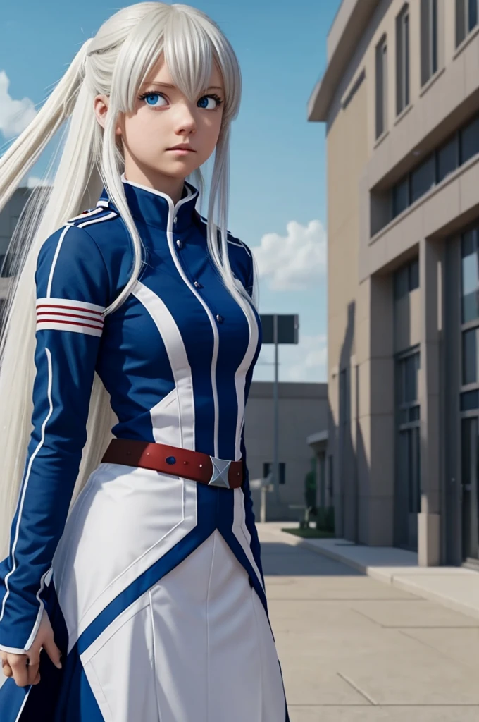 Screenshot of my hero academia.
Girl with long white hair with bangs and blue eyes and she is wearing the UA uniform and in the background she has a UA school class and she is standing