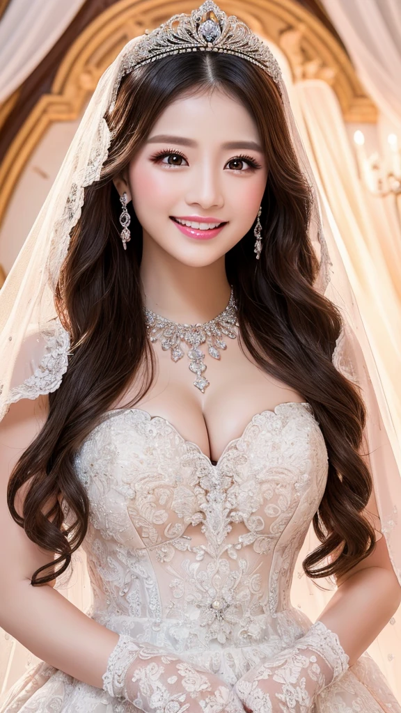 (Highest quality、Tabletop、8K、Best image quality、Award-winning works)、One beautiful bride、(alone:1.1)、(The most extravagant and gorgeous huge wedding dresses:1.1)、(Perfect Wedding Lace:1.2)、(The most extravagant and luxurious giant tiara:1.1)、(The most extravagant and luxurious giant necklace:1.1)、The most beautiful smile is looking at me、A wide selection of the finest jewellery、(Bridal upper body photo:1.1)、Perfect Makeup、Long eyelashes、Ultra HD Shining Eyes、Ultra HD Hair、Ultra-high resolution glossy lips、Ultra High Resolution Perfect Teeth、Super high resolution beautiful face、(Accurate anatomy:1.1)、(Very bright and beautiful skin:1.2)、(very bright and vivid:1.2)、(Luxury wedding venue background:1.1)