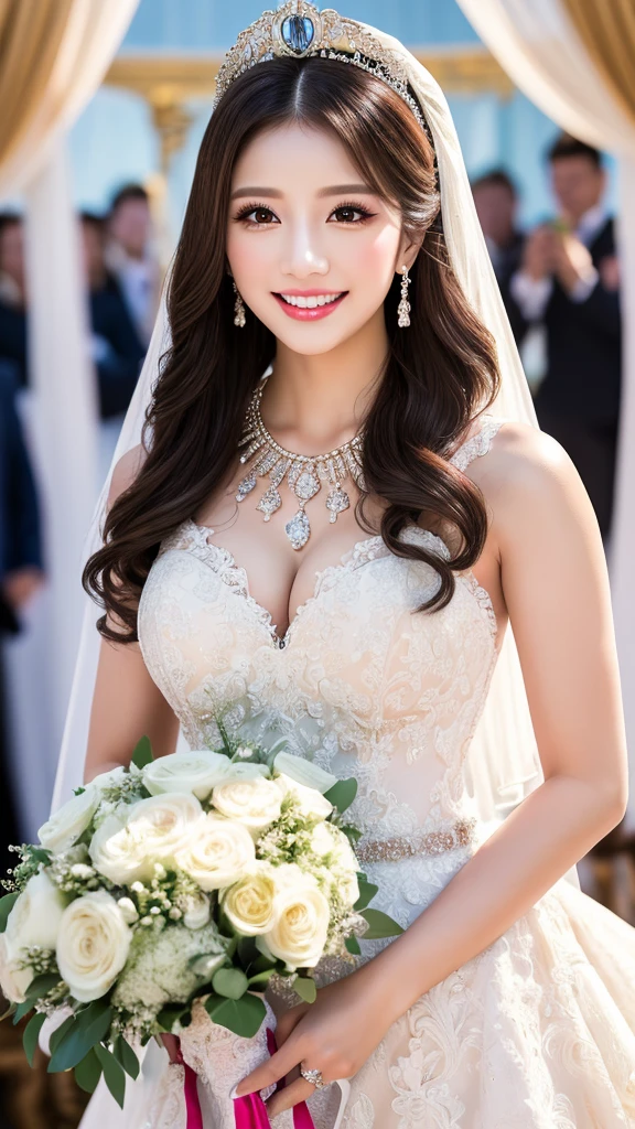 (Highest quality、Tabletop、8K、Best image quality、Award-winning works)、One beautiful bride、(alone:1.1)、(The most extravagant and gorgeous huge wedding dresses:1.1)、(Perfect Wedding Lace:1.2)、(The most extravagant and luxurious giant tiara:1.1)、(The most extravagant and luxurious giant necklace:1.1)、The most beautiful smile is looking at me、A wide selection of the finest jewellery、(Bridal upper body photo:1.1)、Perfect Makeup、Long eyelashes、Ultra HD Shining Eyes、Ultra HD Hair、Ultra-high resolution glossy lips、Ultra High Resolution Perfect Teeth、Super high resolution beautiful face、(Accurate anatomy:1.1)、(Very bright and beautiful skin:1.2)、(very bright and vivid:1.2)、(Luxury wedding venue background:1.1)