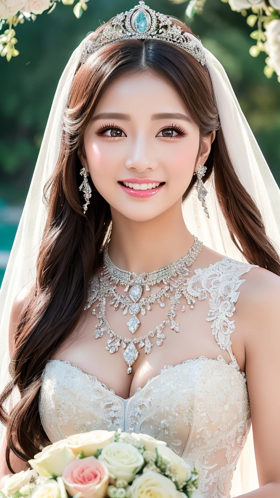 (Highest quality、Tabletop、8K、Best image quality、Award-winning works)、One beautiful bride、(alone:1.1)、(The most extravagant and gorgeous huge wedding dresses:1.1)、(Perfect Wedding Lace:1.2)、(The most extravagant and luxurious giant tiara:1.1)、(The most extravagant and luxurious giant necklace:1.1)、The most beautiful smile is looking at me、A wide selection of the finest jewellery、(Bridal upper body photo:1.1)、Perfect Makeup、Long eyelashes、Ultra HD Shining Eyes、Ultra HD Hair、Ultra-high resolution glossy lips、Ultra High Resolution Perfect Teeth、Super high resolution beautiful face、(Accurate anatomy:1.1)、(Very bright and beautiful skin:1.2)、(very bright and vivid:1.2)、(Luxury wedding venue background:1.1)