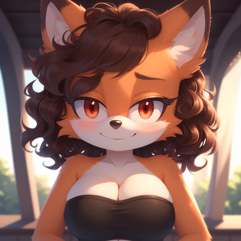 mobian, solo, hedgehog, two-tone fur ((orange fur, brown fur)), strapless crop top, baggy pants, cleavage, two-tone hair (brown hair, black tip)), curly hair, halo, sunglasses, jewelry, red eyes, longeyelashes, red eyes, smile, shy, blush,  framed, stereogram, image fill, viewfinder, depth of field, high details, high detail, masterpiece, UHD, anatomically correct, super detail, highres, 4K
