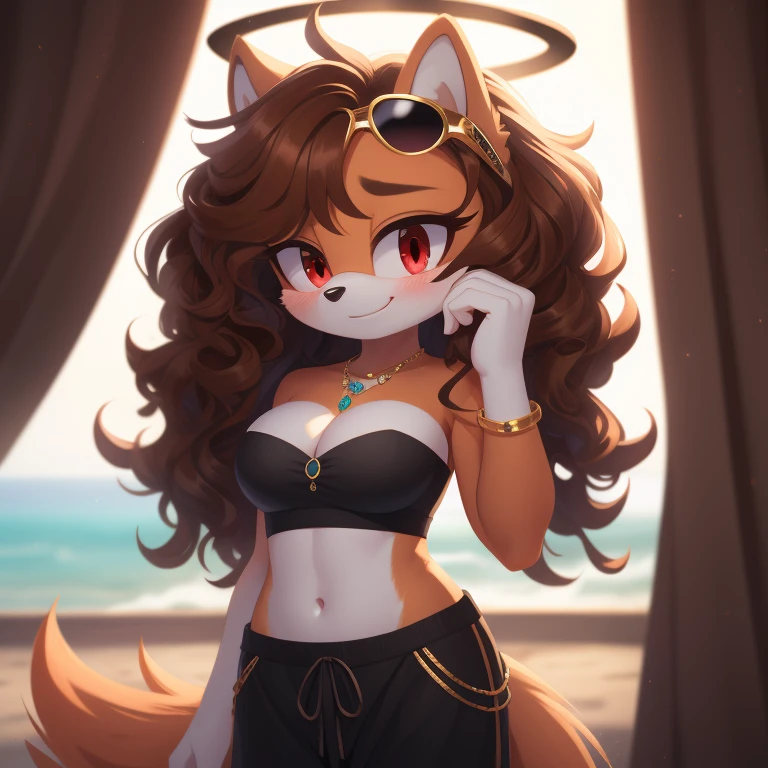 mobian, solo, hedgehog, two-tone fur ((orange fur, brown fur)), strapless crop top, baggy pants, cleavage, two-tone hair (brown hair, black tip)), curly hair, halo, sunglasses, jewelry, red eyes, longeyelashes, red eyes, smile, shy, blush, framed, stereogram, image fill, viewfinder, depth of field, high details, high detail, masterpiece, UHD, anatomically correct, super detail, highres, 4K