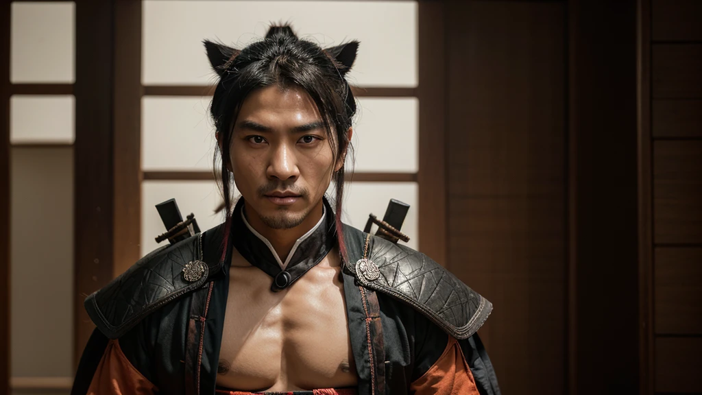ภาพอาราเฟดของชายในSamurai costumeถือดาบ, Character images inspired by Kanō Hōgai, Trending on Polycount, What is it??, Samurai costume, Masamune shiro, Detailed Bushido produces smoke., Masamune, Moonbull Samurai, Asian hyperdate, สวมSamurai costumeเก่า, samurai portrait