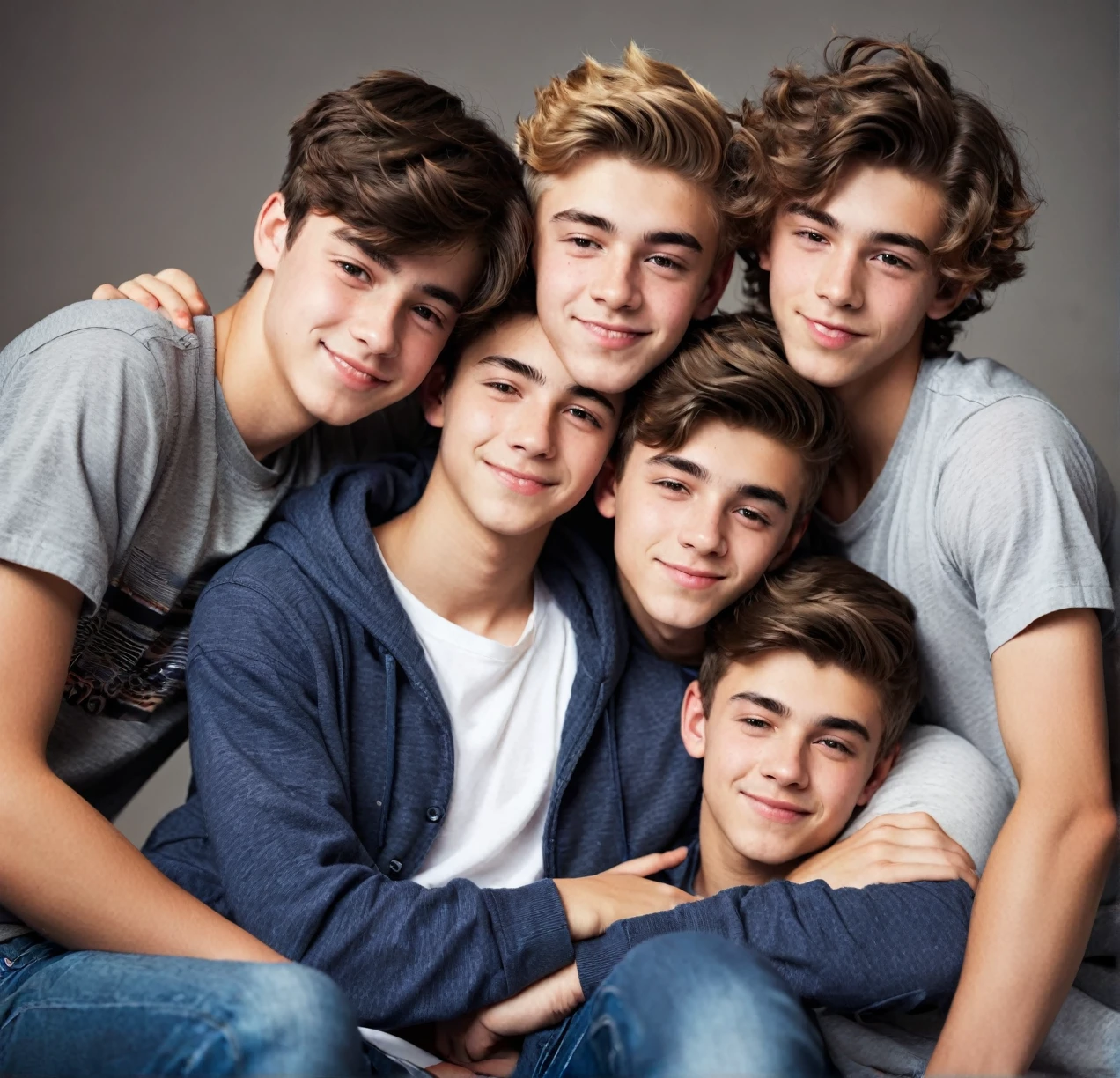 3 different cute male teenagers cuddling together