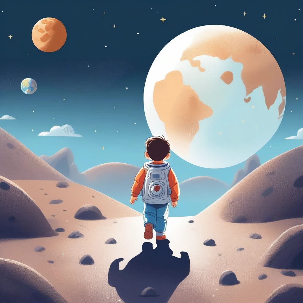 children's picture books,crayon paintings,white background,simple background,
A little boy walking on the moon, facing the camera, earth planet in background, slowly approaching, with high definition and quality,