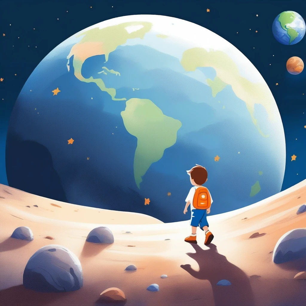 children's picture books,crayon paintings,white background,simple background,
A little boy walking on the moon, facing the camera, earth planet in background, slowly approaching, with high definition and quality,