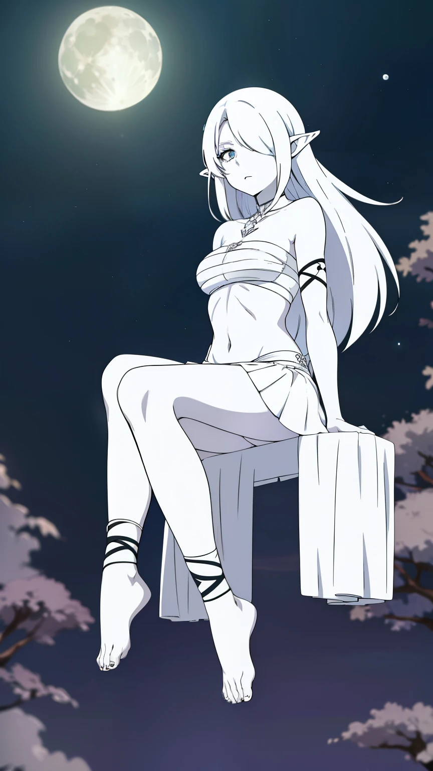 (1girl,20s,mature female),solo,white hair,long hair,(((white skin,colored skin))),elf ears,(((hair over one eye)))(night,moon,flying,bare feets),((wrapped_chest,white mini skirt)),full body