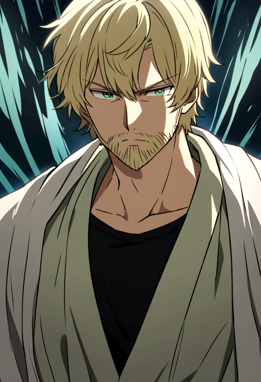 A man, jung, scruffy beard, blonde green eyes anime version