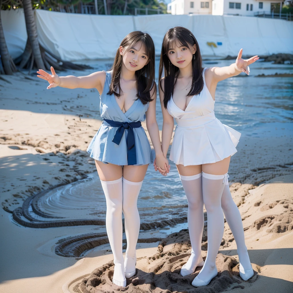 (((young slender beautiful  Japanese girls on mud beach))), natural front lighting, ultra sharp focus,braided black twin-tail hair, (((light pale white skin color))),blue large eyes with long eyelashes and double eyelids, dynamic angle,red lip,smile, 5girls ((waving arms)), ((huge breasts)), (full body shot:2), (((wearing Japanese high  and pantyhose))), (beautiful face:2),(((beautiful))), 8k details