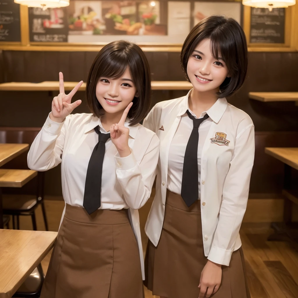 ((Highest quality, 8K, Masterpiece:1.3)), Couple, A confident smile, take a picture, after school, restaurant, enjoy, talk, Peace sign gesture, Short black hair, Brown eyes, skin is brown, student, uniform, slacks, skirt, indoor, hamburger, Very detailed face and skin texture, The texture of the fingers is very fine.
