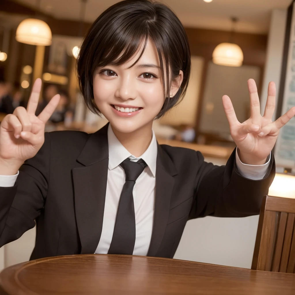 ((Highest quality, 8K, Masterpiece:1.3)), Couple, A confident smile, take a picture, after school, restaurant, enjoy, talk, Peace sign gesture, Short black hair, Brown eyes, skin is brown, student, uniform, slacks, skirt, indoor, hamburger, Very detailed face and skin texture, The texture of the fingers is very fine.
