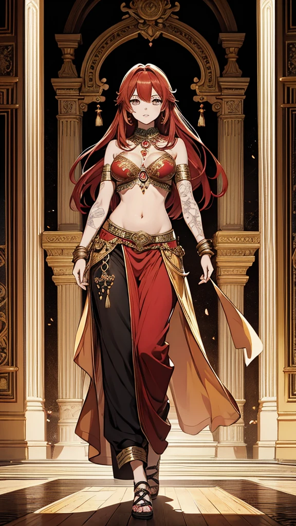 2d, masterpiece, best quality, anime, highly detailed face, highly detailed eyes, highly detailed background, perfect lighting, 1girl, solo, full body, standing, genie attire, belly dancer pants, red hair, amulet 