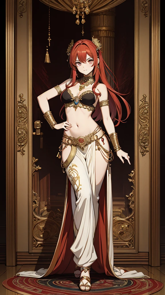 2d, masterpiece, best quality, anime, highly detailed face, highly detailed eyes, highly detailed background, perfect lighting, 1girl, solo, full body, standing, genie attire, belly dancer pants, red hair, amulet 