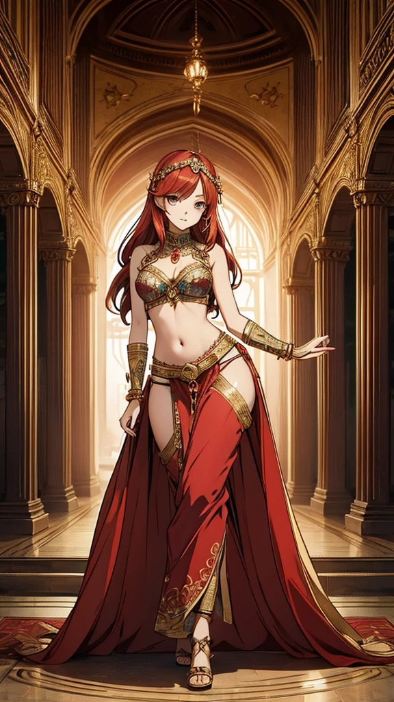 2d, masterpiece, best quality, anime, highly detailed face, highly detailed eyes, highly detailed background, perfect lighting, 1girl, solo, full body, standing, genie attire, belly dancer pants, red hair, amulet