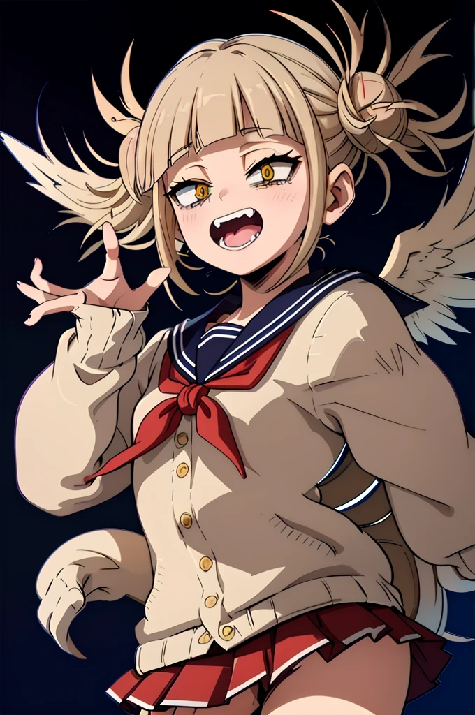 (masterpiece, Highest quality), One girl, Himiko U1, Double Bang, Side Lock, , Sailor collar, Red neckerchief, elongated pupils, Sharp teeth, Pleated skirt, Seraphim, cardigan, Long sleeve, 青いSailor collar, Yellow Eyes,Simple Background,No highlights,Losing the AI feel