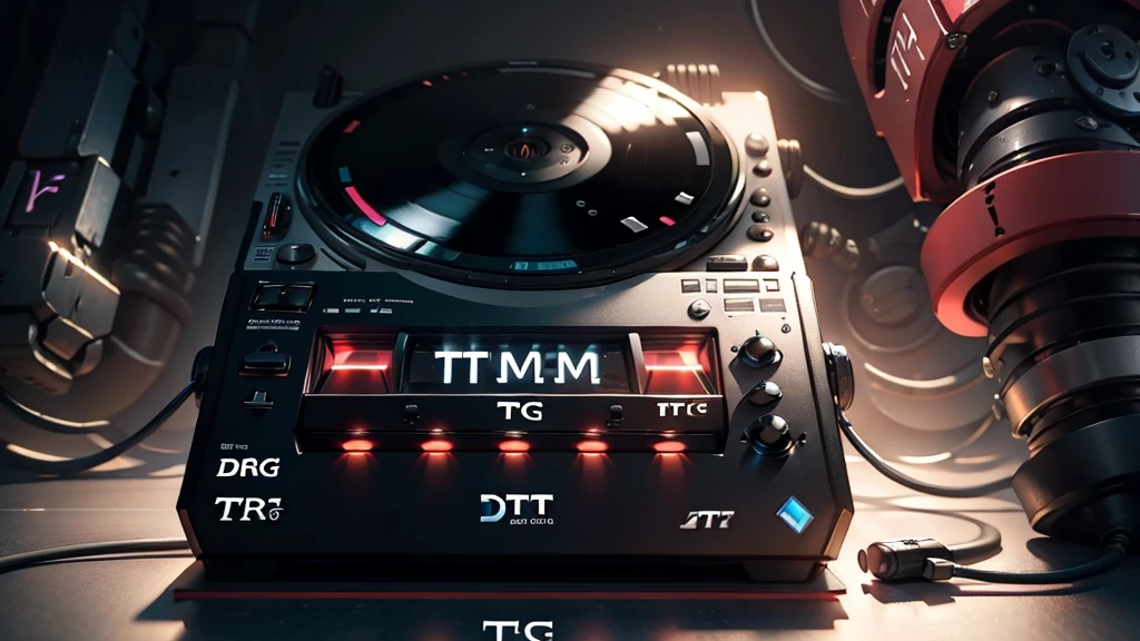 (DTG: 1.8), (DTG letters: 1.8), (Three letters: 1.8), DJ set, Music, cassette, CD Player, Futuristic device for music playing, Music reproducer, Lo-fi, writing, abstract, colorful, high resolution, high quality, neon colors, dark grey background, black grey grdient