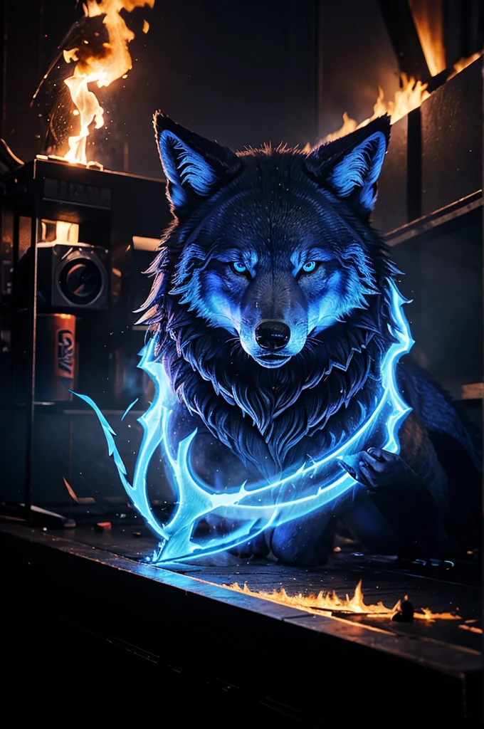 Blue wolf esport logo with fire effect and writing "BLUE WOLF.