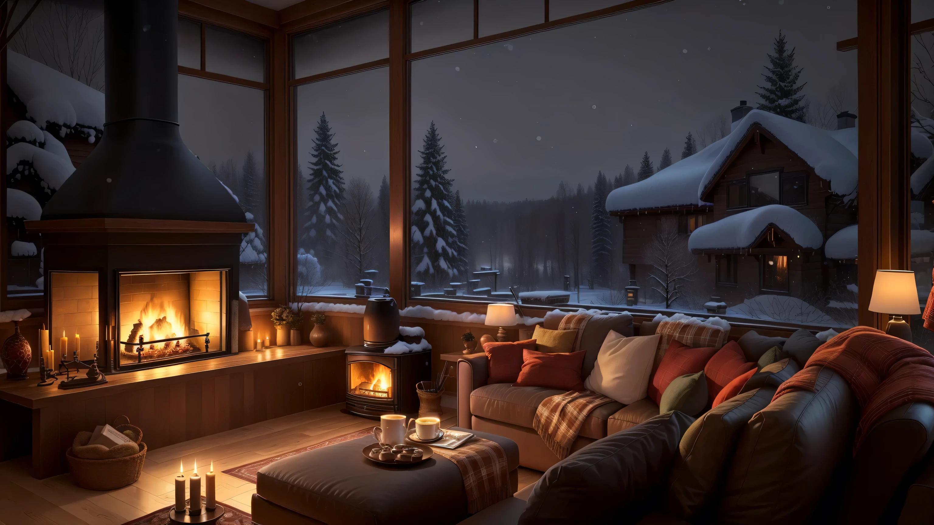Living room with furniture and fireplace, Comfortable wallpaper, Comfortable place, comfortable environment, Comfortable and peaceful atmosphere, Warm home background, Comfortable and calm, Comfortable atmosphere, Comfortable room, Comfortable atmosphere, Comfortable atmosphere, relaxing environment, Comfortable atmosphere, Comfortable atmosphere, Relaxed atmosphere, Snowy Night, comfortable environment, Warm candlelight, Heavy winter aesthetics
