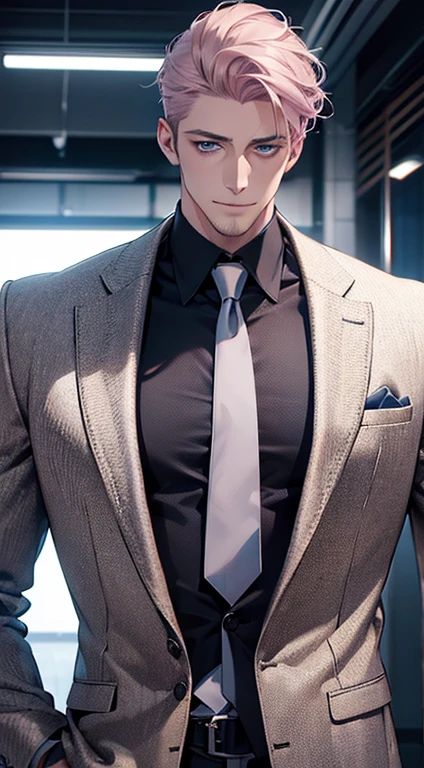 (best quality,4k,8k,highres,masterpiece:1.2),ultra-detailed,(realistic,photorealistic,photo-realistic:1.37),1 man,31 years old,mature man,very handsome,without expression,smile,short grey pink hair,blue eyes,penetrating gaze,perfect face without errors,imposing posture,businessman,office background,cinematic lighting,hdr image