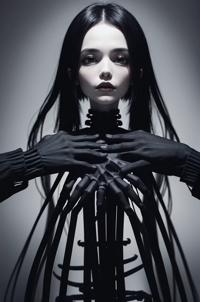 black backdrop, skeletal hands, length with handshake