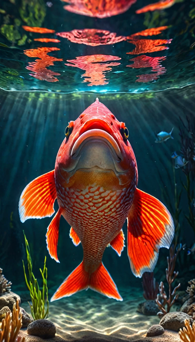 Front view,A red fish at the bottom of the lake(best quality,4K,8K,High level,masterpiece:1.2),Ultra Detailed,(lifelike,Photo real,Photo real:1.37),Highly detailed animals,Complex patterns,Realistic lighting,Fantasy Creatures