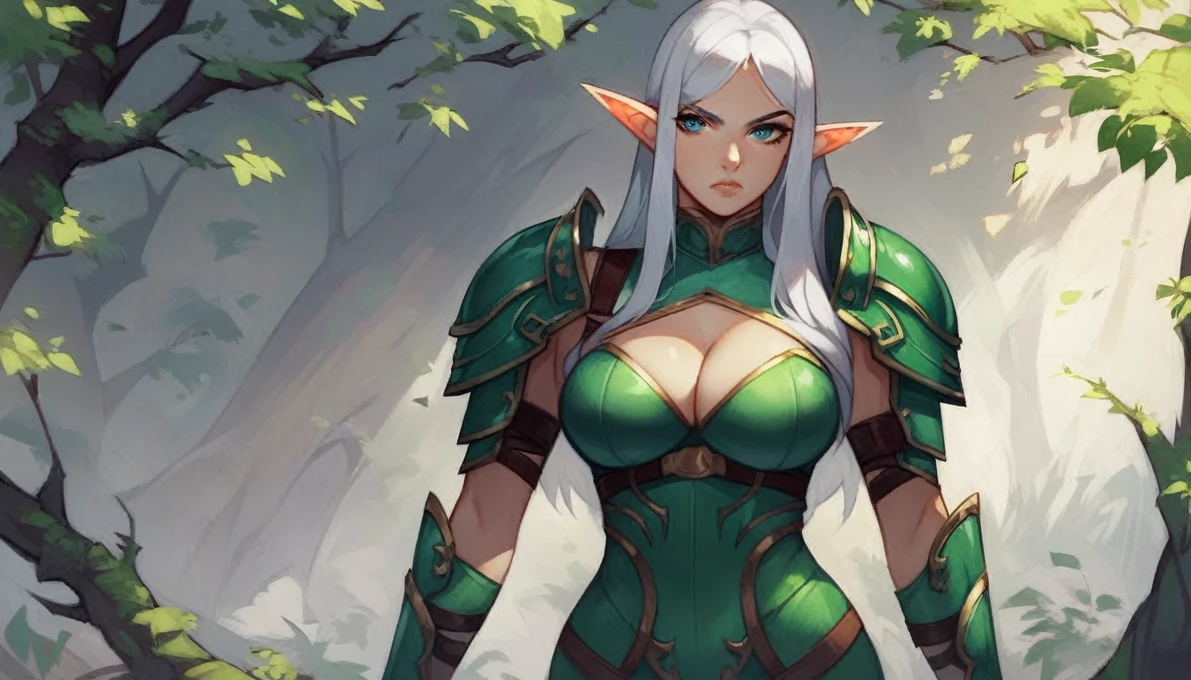 score_9,score_8_up,score_7_up,source_anime,tall elf woman,long silver hair,serious expression on her face,two sheathed swords on her hips,standing,in a forest,toned,green leather armor,ranger,thin hips,cleavage,alone,looking at camera,level with camera