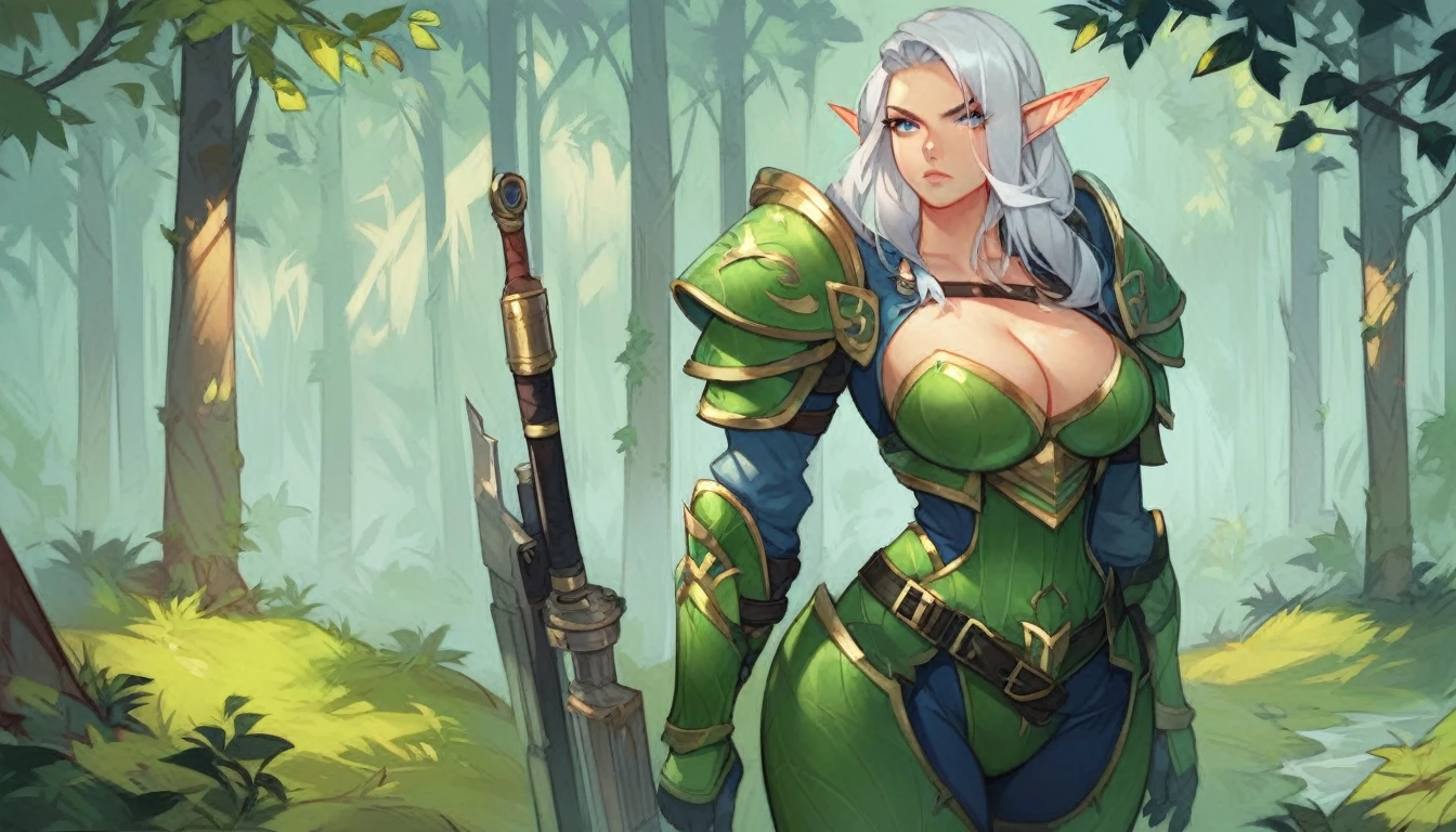 score_9,score_8_up,score_7_up,source_anime,tall elf woman,long silver hair,serious expression on her face,two sheathed swords on her hips,standing,in a forest,green leather armor,ranger,thin hips,cleavage,alone,looking at camera,level with camera,center frame