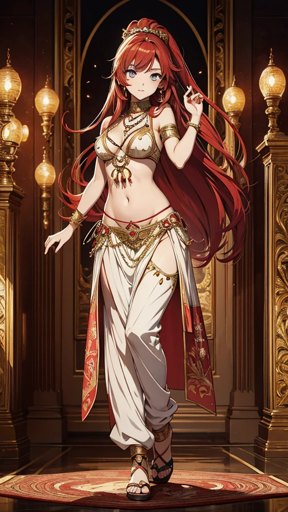 2d, masterpiece, best quality, anime, highly detailed face, highly detailed eyes, highly detailed background, perfect lighting, 1girl, solo, full body, standing, genie attire, belly dancer pants, red hair, amulet