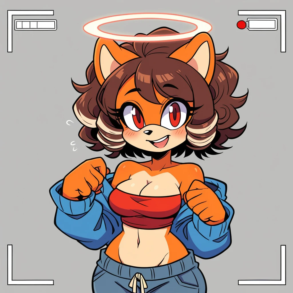 score_9, score_8_up, mobian, solo, hedgehog, two-tone fur ((orange fur, brown fur)), strapless crop top, baggy pants, cleavage, two-tone hair (brown hair, black tip)), curly hair, halo, sunglasses, jewelry, red eyes, longeyelashes, red eyes, smile, shy, blush, framed, stereogram, image fill, viewfinder, depth of field, high details