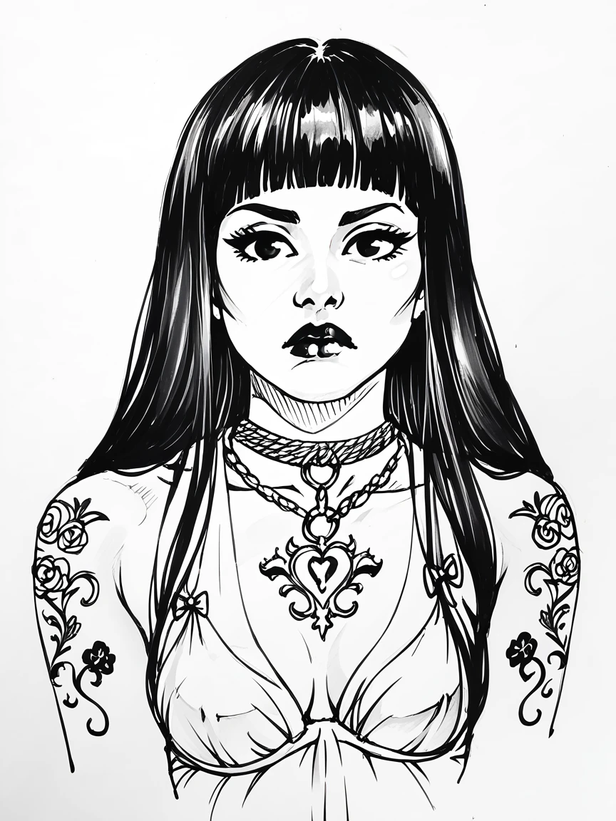 score_9, score_8_up, score_7_up, 1girl, sketch, sp1t, monochrome, 1girl, sketch, detailed background, Asian, sunny, lovely, hime cut hair, scowl, black lips, black eyes, tattoos