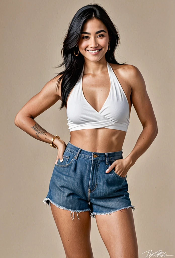Detailed photograph of a woman standing in a casual pose. Her body is oriented slightly to the left, with her left arm hanging down and her right arm partially visible. She has long, straight black hair that flows down past her shoulders and dark, well-defined eyebrows. The woman is smiling softly, giving her a friendly and approachable expression.
She is wearing a white halter top that crosses at the chest, revealing her midriff. The top is fitted and wraps around her neck, leaving her shoulders exposed. She is also wearing high-waisted blue denim shorts with frayed edges, which add a casual and trendy touch to her outfit.
Pay special attention to her tattoos:
1. On her left shoulder, there is a tattoo that reads "Família" in elegant script, accompanied by a small heart symbol.
2. On her right upper arm, she has a prominent tribal design tattoo.
3. Her left forearm features a detailed floral tattoo.
She is accessorized with a gold wristwatch on her left wrist. The overall color scheme for the sketch should include natural skin tones, white for the top, blue for the shorts, and black for the hair. Highlight the details in her tattoos and the texture of her clothing for added realism.