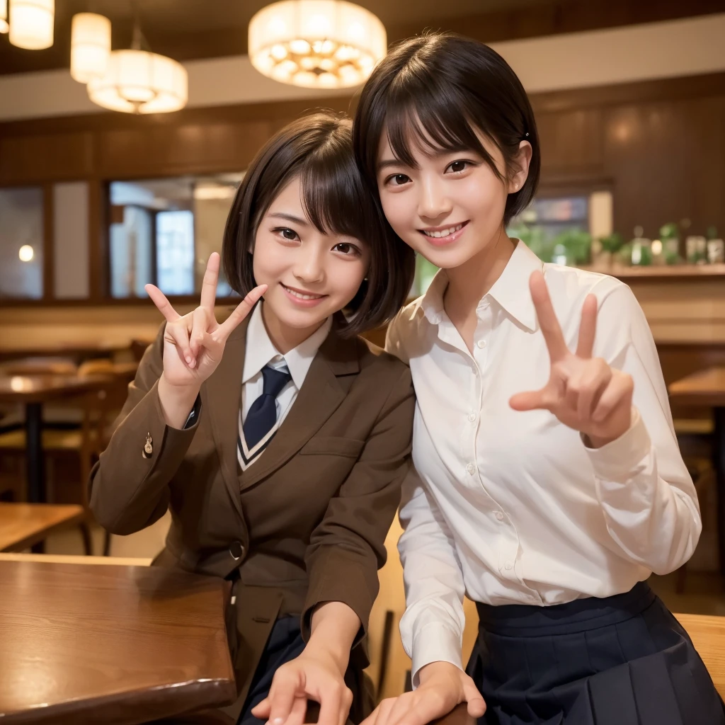 ((Highest quality, 8K, Masterpiece:1.3)), Japanese,Couple, A confident smile, At the restaurant after school, enjoy, talk, Peace sign gesture, Short black hair, Brown eyes, Brown Skin, school uniform, slacks, skirt, indoor, hamburger, Detailed face, Fingers crafted to the smallest detail