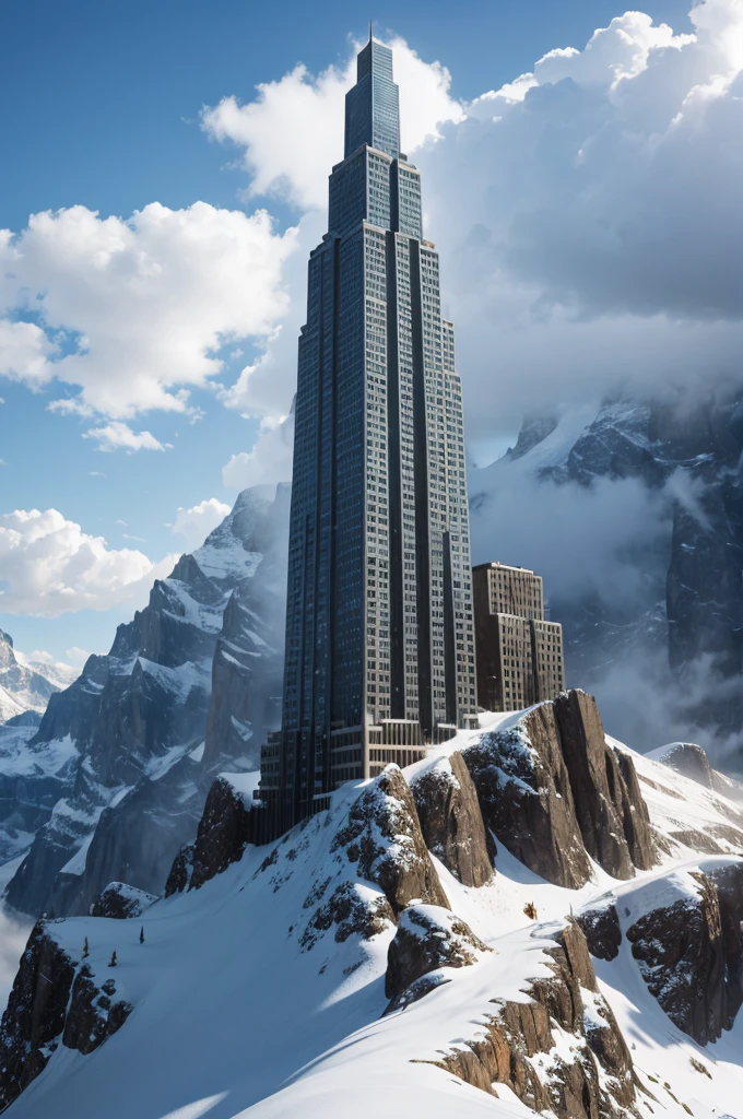 stone skyscraper built into a snowy mountain