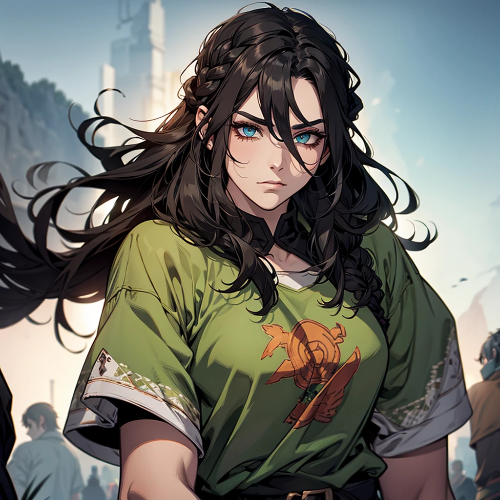 half-orc, greenskin, hair braid, Bblack hair, eyes browns, social shirt