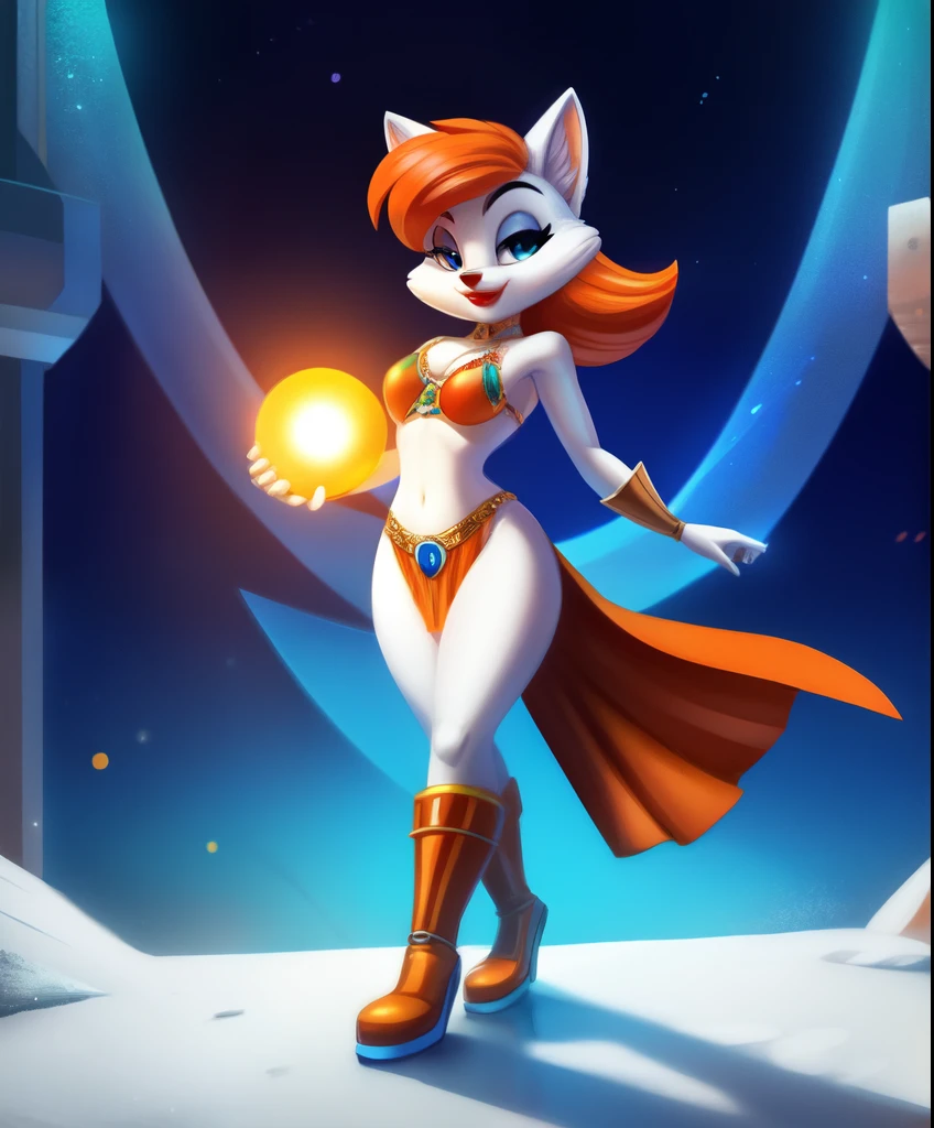 Arancia the female anthto arctic fox, orange hair, red lipstick, orange belly dancer, orange boots, holding a futuristic orange orb, tiny toons style
