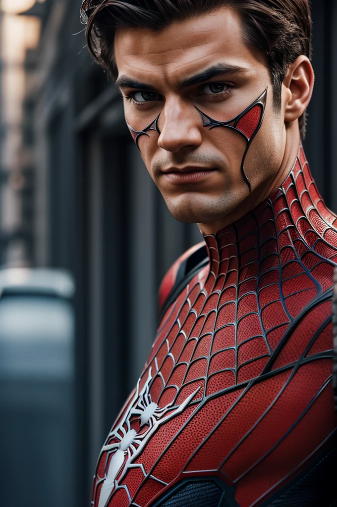 A photograph of Spider-Man., sin mascara, the 20s, elegant, detailed face, looking to the camera, portrait, 8k hd, high quality
