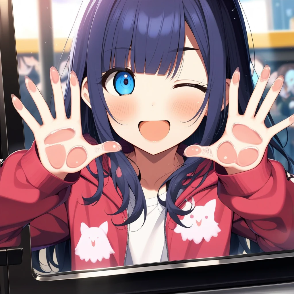 1girl, horosuke, absurdres, official art, absurdres, vspo!, tsumugi kokage, ;d, 3others, bus, inside, cramped, against fourth wall, against glass, blue eyes, blue hair, blunt bangs, cheek press, glass writing, long sleeves, looking at viewer, one eye closed, smile, solo, upper body, virtual youtuber, ((very aesthetic, best quality, ultra detailed)), rating:safe,
