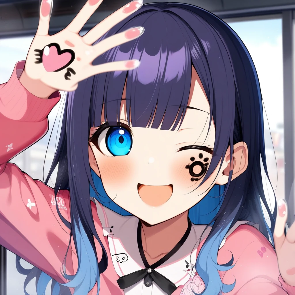 1girl, horosuke, absurdres, official art, absurdres, vspo!, tsumugi kokage, ;d, 3others, bus, inside, cramped, against fourth wall, against glass, blue eyes, blue hair, blunt bangs, cheek press, glass writing, long sleeves, looking at viewer, one eye closed, smile, solo, upper body, virtual youtuber, ((very aesthetic, best quality, ultra detailed)), rating:safe,