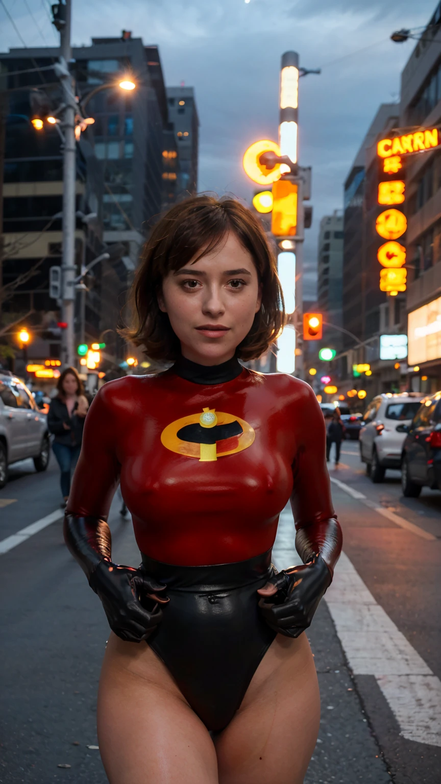 Masterpiece, (photorealistic1.4),Best quality, (solo), (1girl on night street)), (epiCRealLife), (lora:epiCFlashPhoto), (photorealistic1.4), (night scene), (night sky), (Helen Parr latex costume), (dakojohnold ), black elbow gloves), (black thighhigh), (helen parr bodysuit), (short hair), (helen parr hairstyle), (outside patio), (1girl), (look at viewer), (demure), (close up), (spot light), (flashphoto, flash photography), (night time), (at night), (f/2.8), (cowboy shots), (upper body shot), (from front), (new york night street), (neon signs)