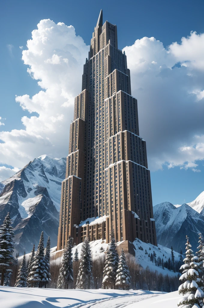 stone skyscraper built into a snowy mountain