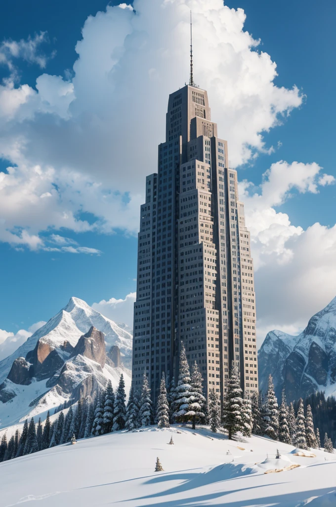 stone skyscraper built into a snowy mountain