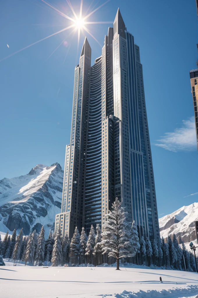 stone skyscraper built into a snowy mountain