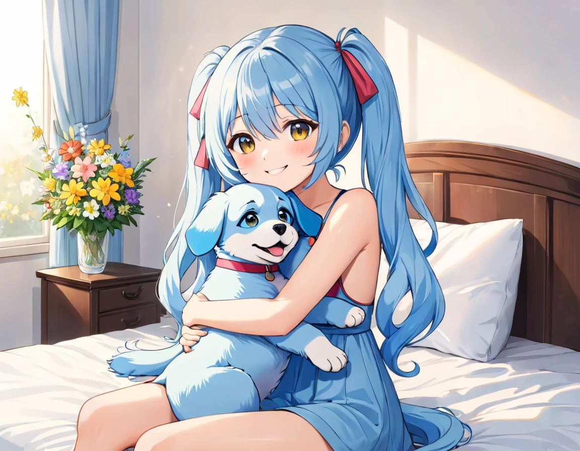 Long light blue hair、Beautiful girl with twin tails、Holding a cute hug、Sitting on the bed、Bright smile、A room decorated with lots of margaret flowers、Bright room with morning sun、Bright smile、There is a dog next to the bed.