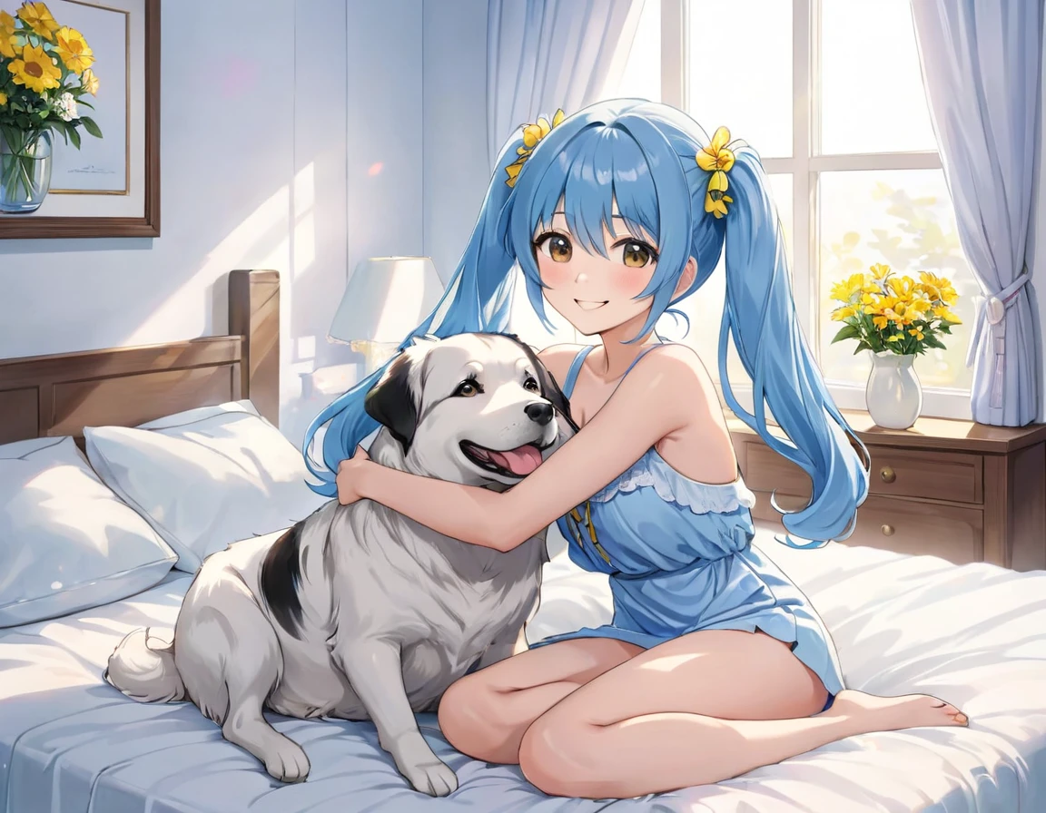 Long light blue hair、Beautiful girl with twin tails、Holding a cute hug、Sitting on the bed、Bright smile、A room decorated with lots of margaret flowers、Bright room with morning sun、Bright smile、There is a dog next to the bed.