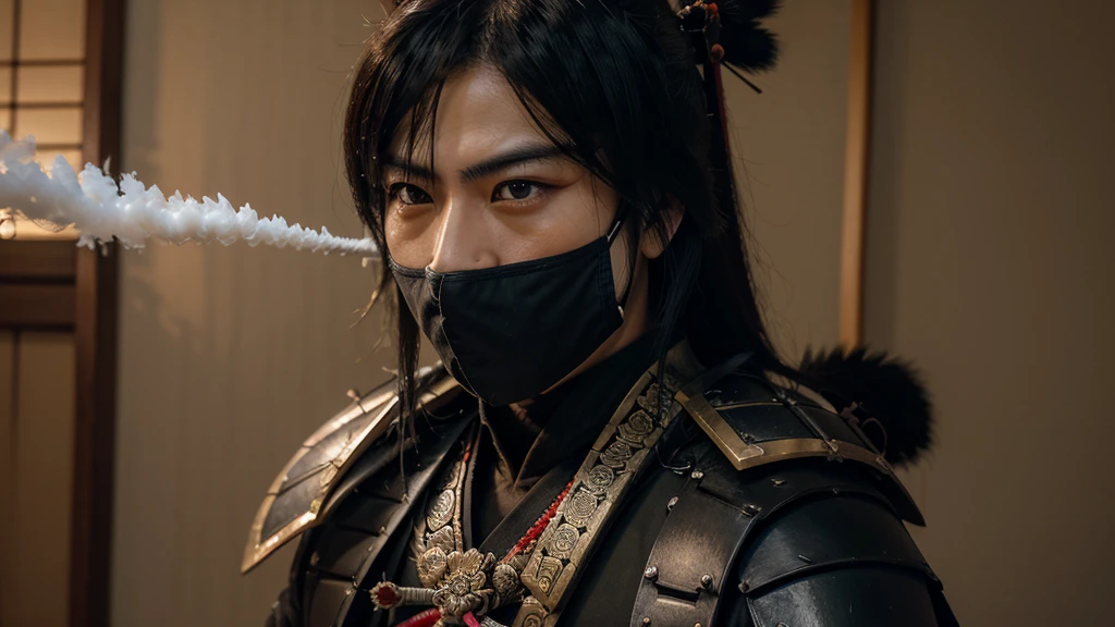 ชายในSamurai costumeถือดาบ, Samurai costume, Masamune shiro, Detailed Bushido produces smoke., Masamune, Ninja, สวมSamurai costumeเก่า, Asian hyperdate, samurai portrait, Wear samurai armor, Demon Samurai, Sengoku Basara 5, Male samurai wearing a mask
