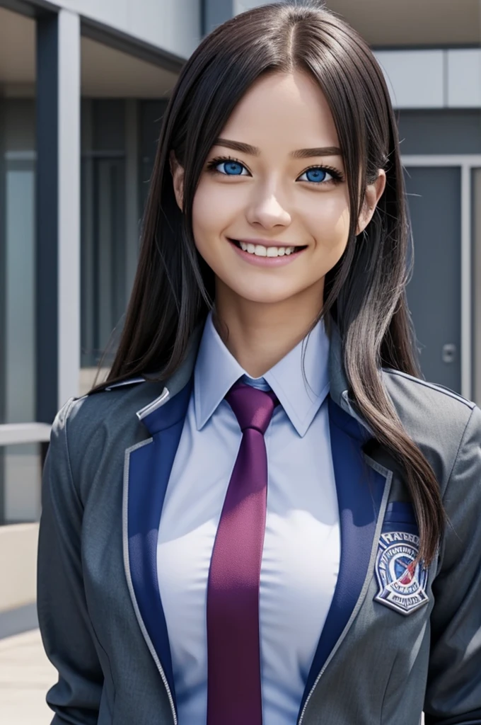 Screenshot Boku no Hero Academia, Women, beautiful, straight hair, blue eyes, happy expression, Gray jacket and tie uniform