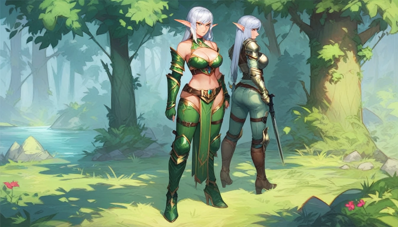 score_9,score_8_up,score_7_up,source_anime,tall elf woman,long silver hair,serious expression on her face,sword on her hip and a bow on her back,standing,in a forest,toned,leather armor,ranger,thin hips,cleavage