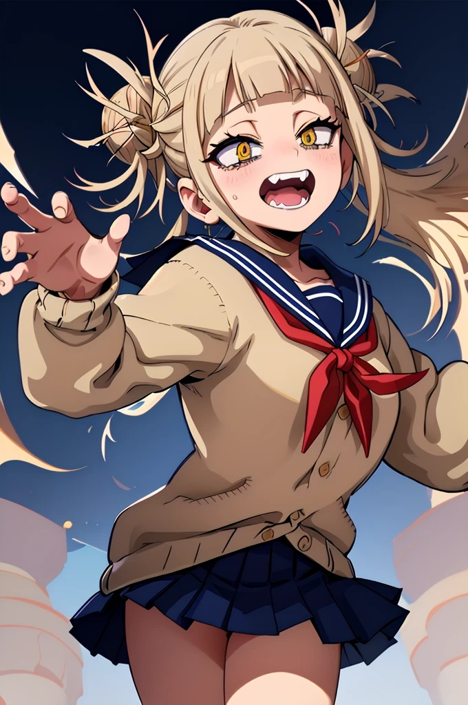 (masterpiece, Highest quality), One girl,  Himiko U1, Double Bang, Side Lock, , Sailor collar, Red neckerchief, elongated pupils, Sharp teeth, Pleated skirt, Seraphim, cardigan,  Long sleeve,  青いSailor collar, Yellow Eyes，Simple Background，No highlights，Losing the AI feel，Navy Blue Skirt