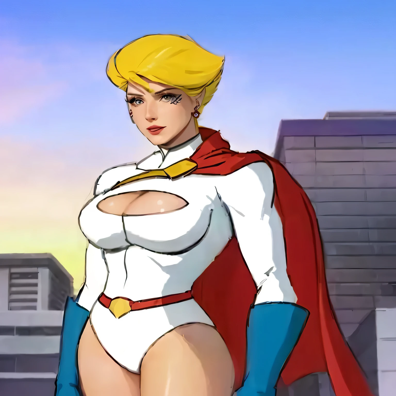 a drawing of a woman dressed as a superhero in front of a building, Powerful girl, Cory Chase como Atlante, bodybuilder superhero bikini, pregnant female cyborg, she-ra, she - ra, simple futurist cyborg empress, Like a retro futuristic heroine, superhero girl, super hot and sexy, as a retrofuturistic heroine, ultra realisitic.